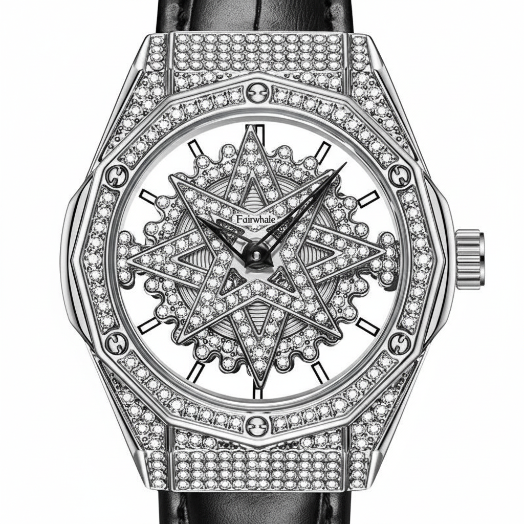 Luxury watch with intricate design and diamond accents on a white background