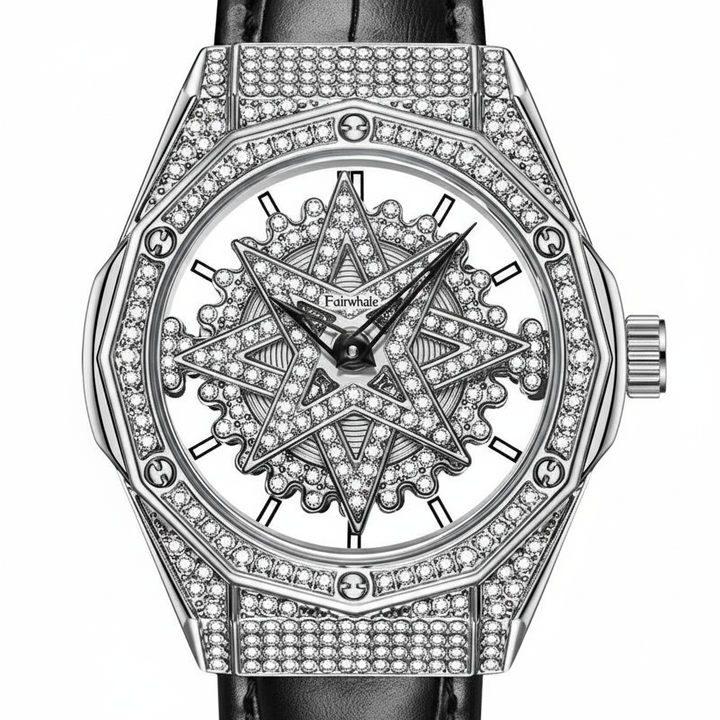 Luxury watch with intricate design and diamond accents on a white background