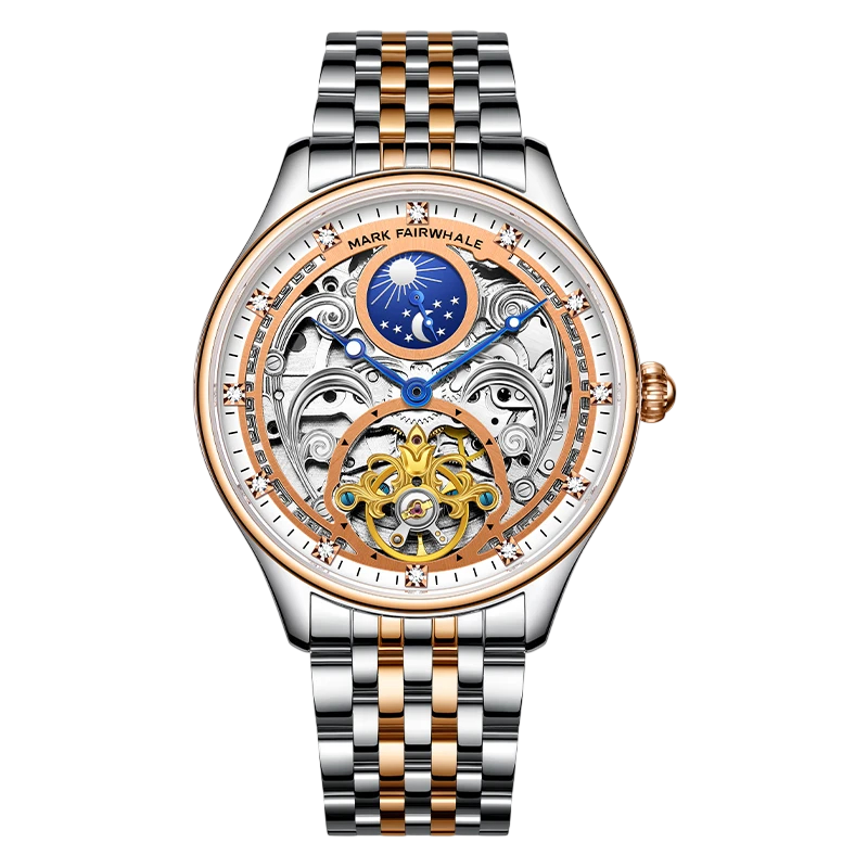 Luxury watch with intricate design and two-tone metal strap on a white background