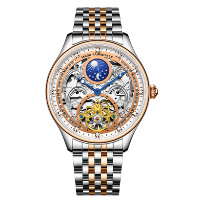 Luxury watch with intricate design and two-tone metal strap on a white background