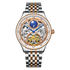 Luxury watch with intricate design and two-tone metal strap on a white background