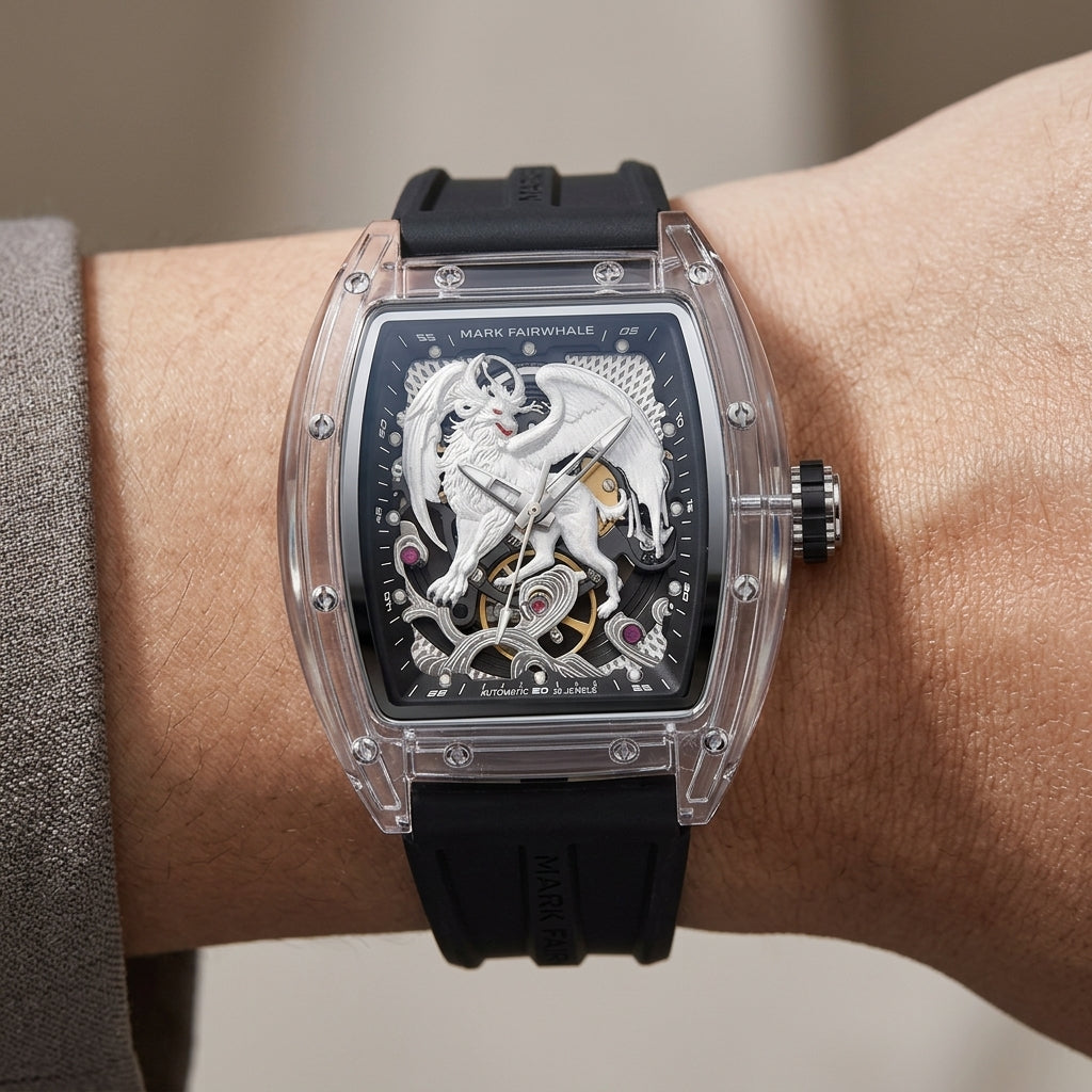 Luxury watch with intricate design on a person's wrist against a neutral background