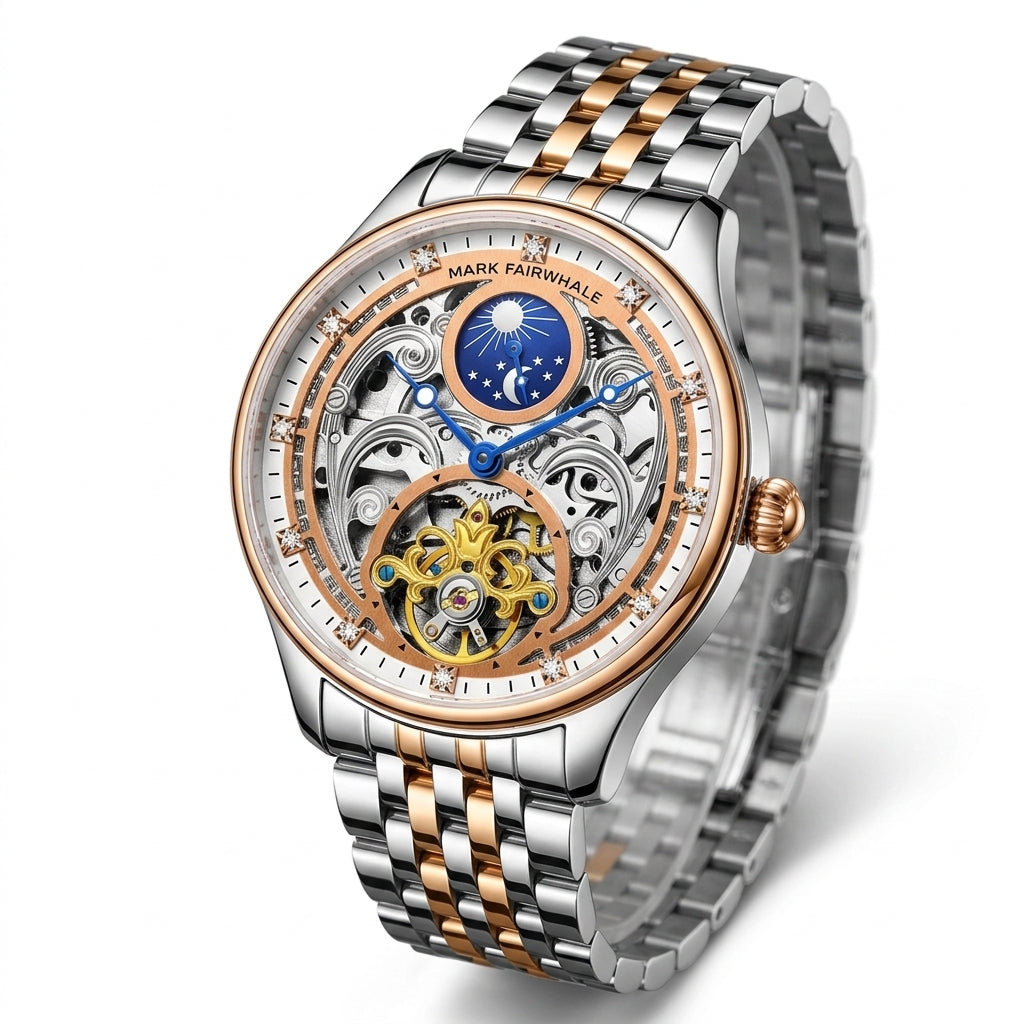Luxury watch with intricate design on a white background
