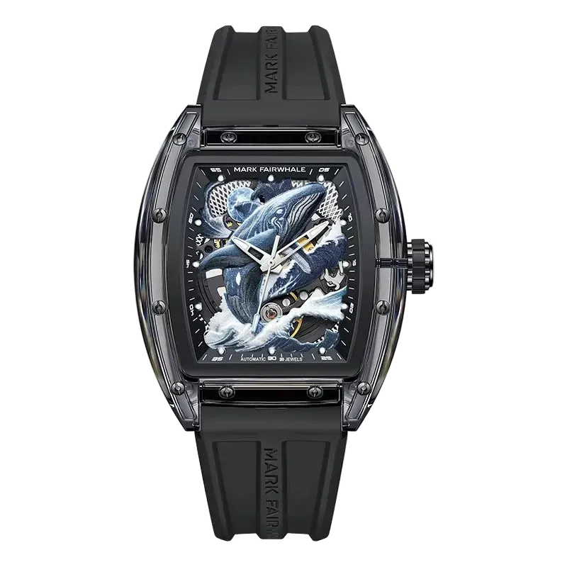 Luxury watch with intricate design on the face, black strap, and visible brand name.