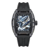 Luxury watch with intricate design on the face, black strap, and visible brand name.