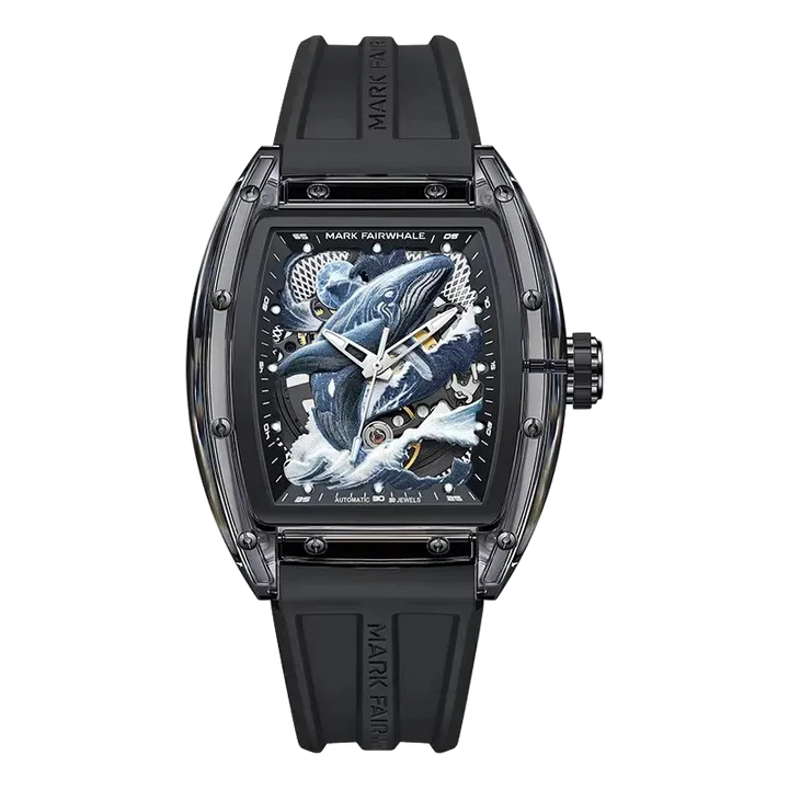 Luxury watch with intricate design on the face, black strap, and visible brand name.
