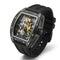 Luxury watch with intricate design on the face, featuring a black strap and gold accents.