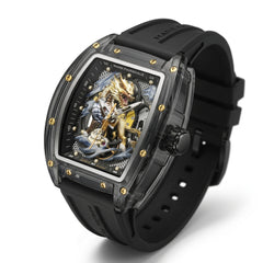 Luxury watch with intricate design on the face, featuring a black strap and gold accents.