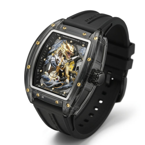 Luxury watch with intricate design on the face, featuring a black strap and gold accents.