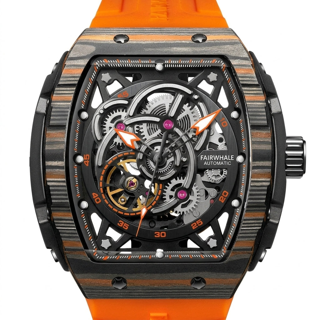 Luxury watch with orange strap and intricate design on a white background