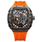 Luxury watch with orange strap and intricate design on a white background