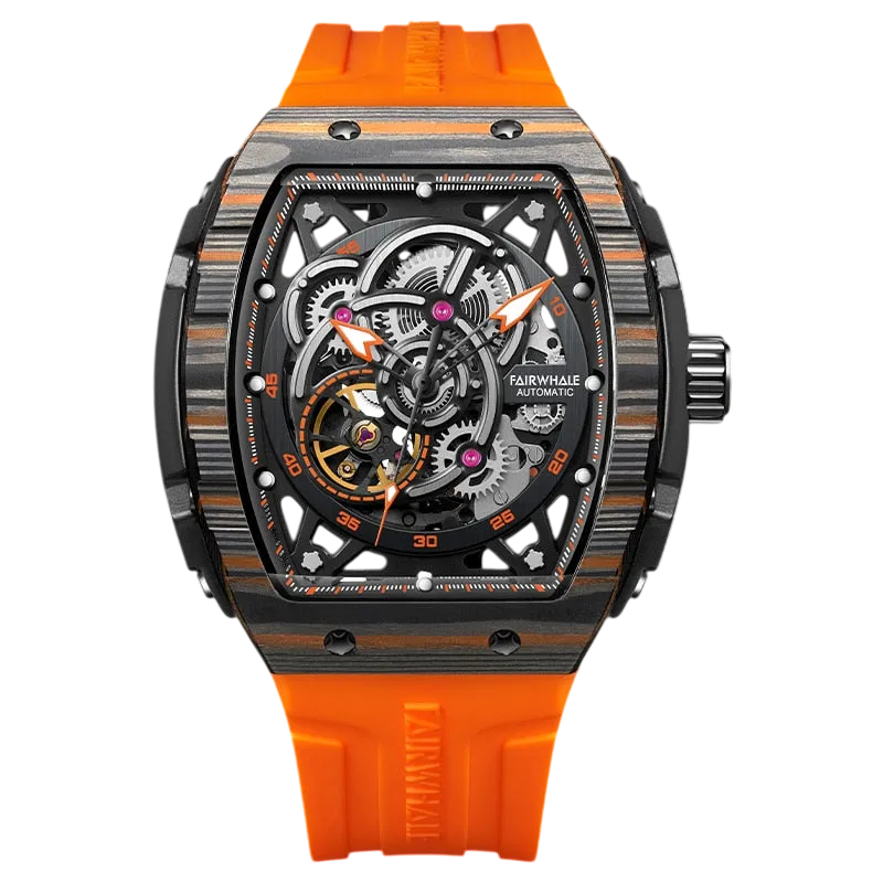 Luxury watch with orange strap and intricate design on a white background