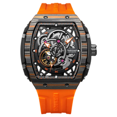 Luxury watch with orange strap and intricate design on a white background