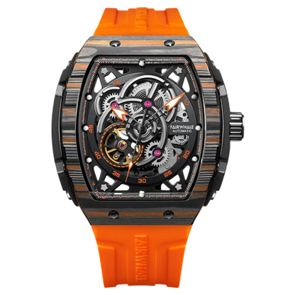 Luxury watch with orange strap and intricate design on a white background