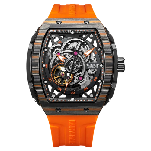 Luxury watch with orange strap and intricate design on a white background