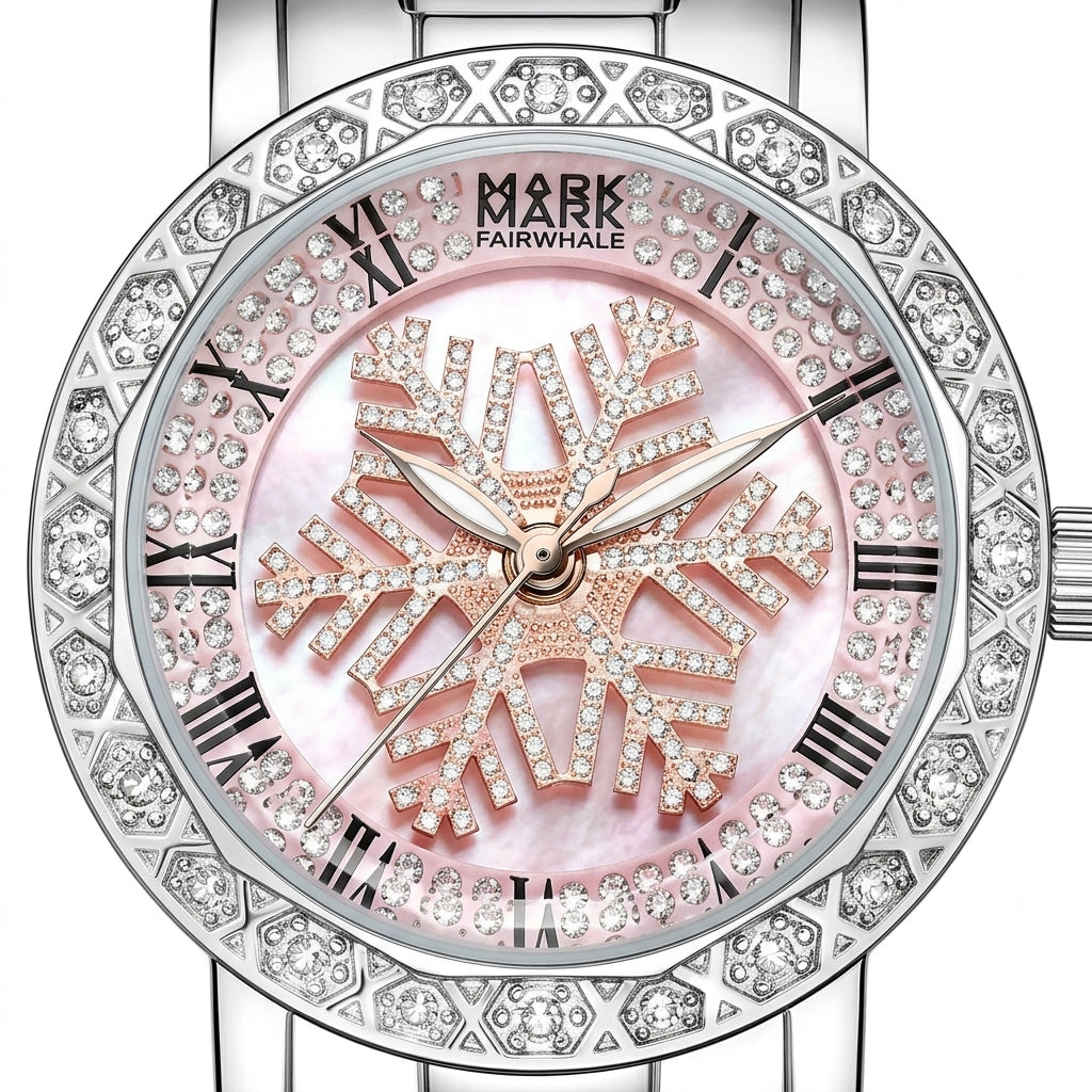 Luxury watch with pink face and silver case on a white background