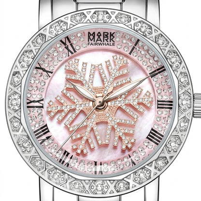 Luxury watch with pink face and silver case on a white background