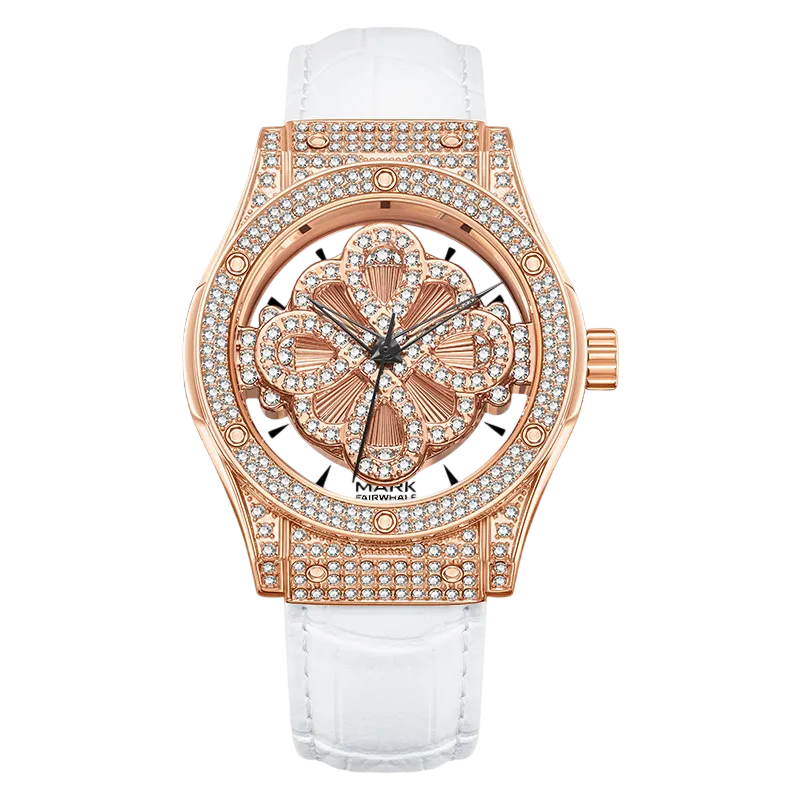Luxury watch with rose gold case and white strap on a white background