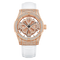 Luxury watch with rose gold case and white strap on a white background