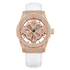 Luxury watch with rose gold case and white strap on a white background