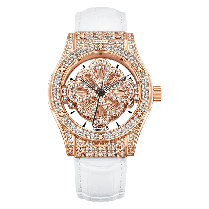 Luxury watch with rose gold case and white strap on a white background