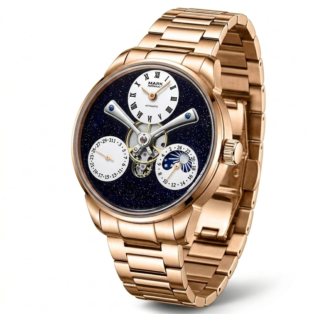 Luxury watch with rose gold case and bracelet on a white background