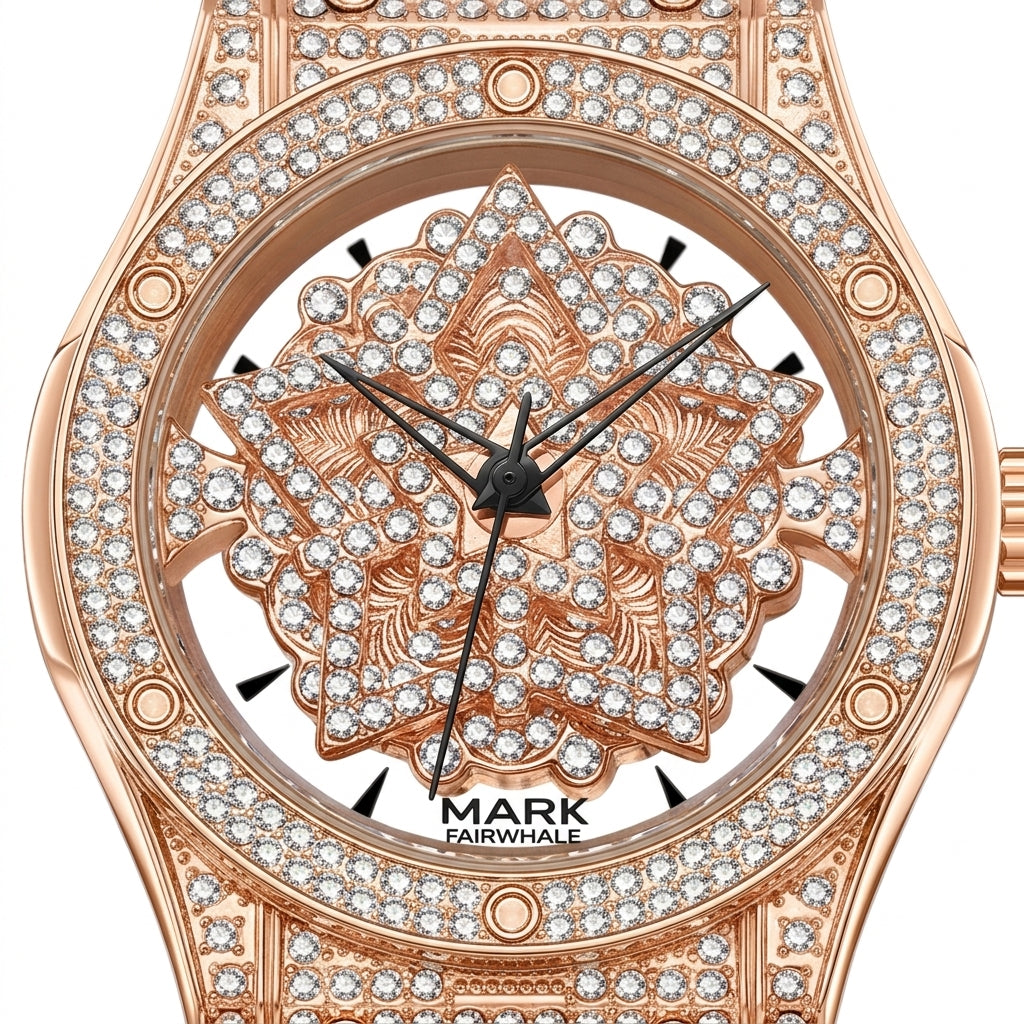 Luxury watch with rose gold case and diamond-studded face on a white background