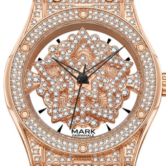 Luxury watch with rose gold case and diamond-studded face on a white background