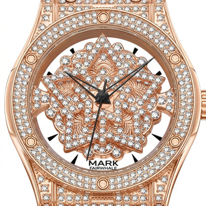 Luxury watch with rose gold case and diamond-studded face on a white background