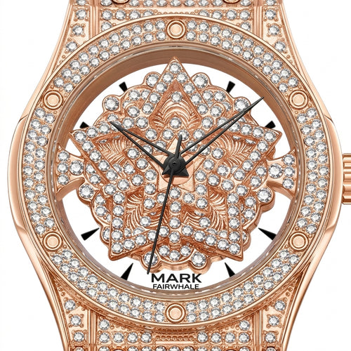 Luxury watch with rose gold case and diamond-studded face on a white background