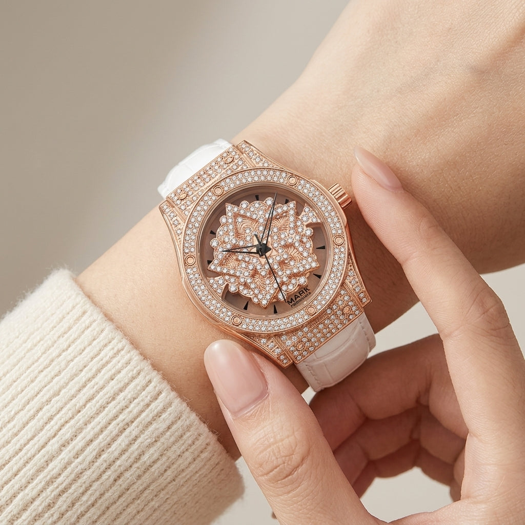 Luxury watch with rose gold case and diamond-studded face on a wrist.