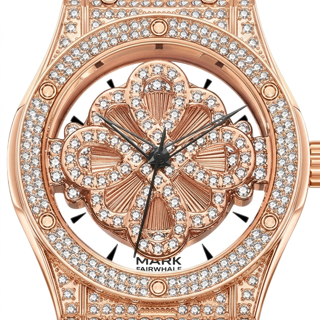 Luxury watch with rose gold case and diamond accents on a white background