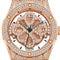 Luxury watch with rose gold case and diamond accents on a white background