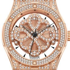 Luxury watch with rose gold case and diamond accents on a white background