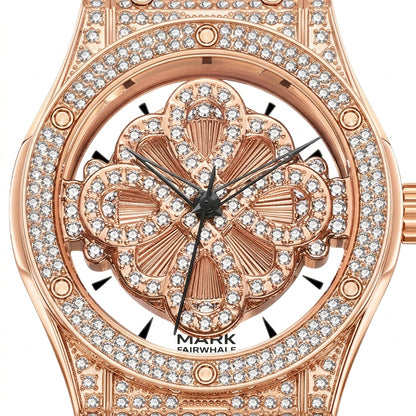 Luxury watch with rose gold case and diamond accents on a white background