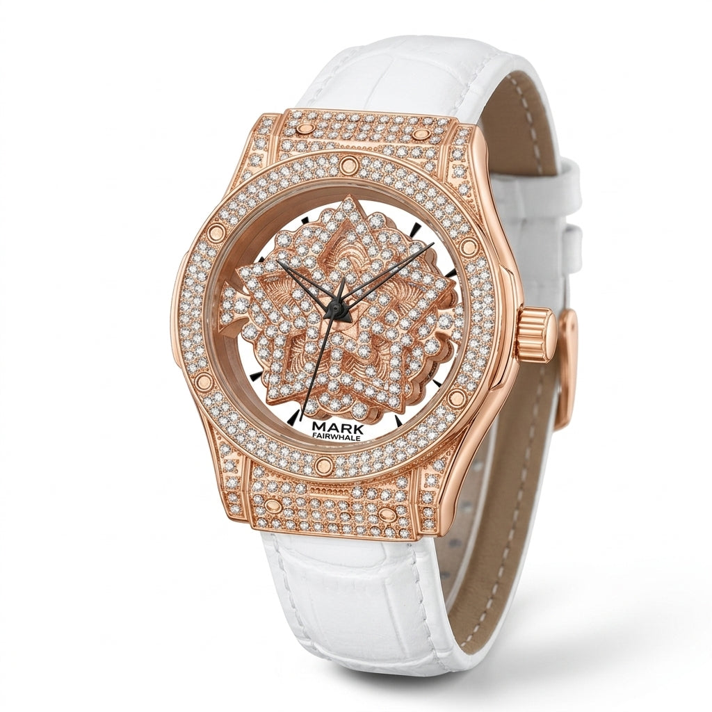 Luxury watch with rose gold case and white leather strap on a white background