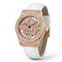 Luxury watch with rose gold case and white leather strap on a white background