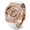 Luxury watch with rose gold case and white strap on a white background