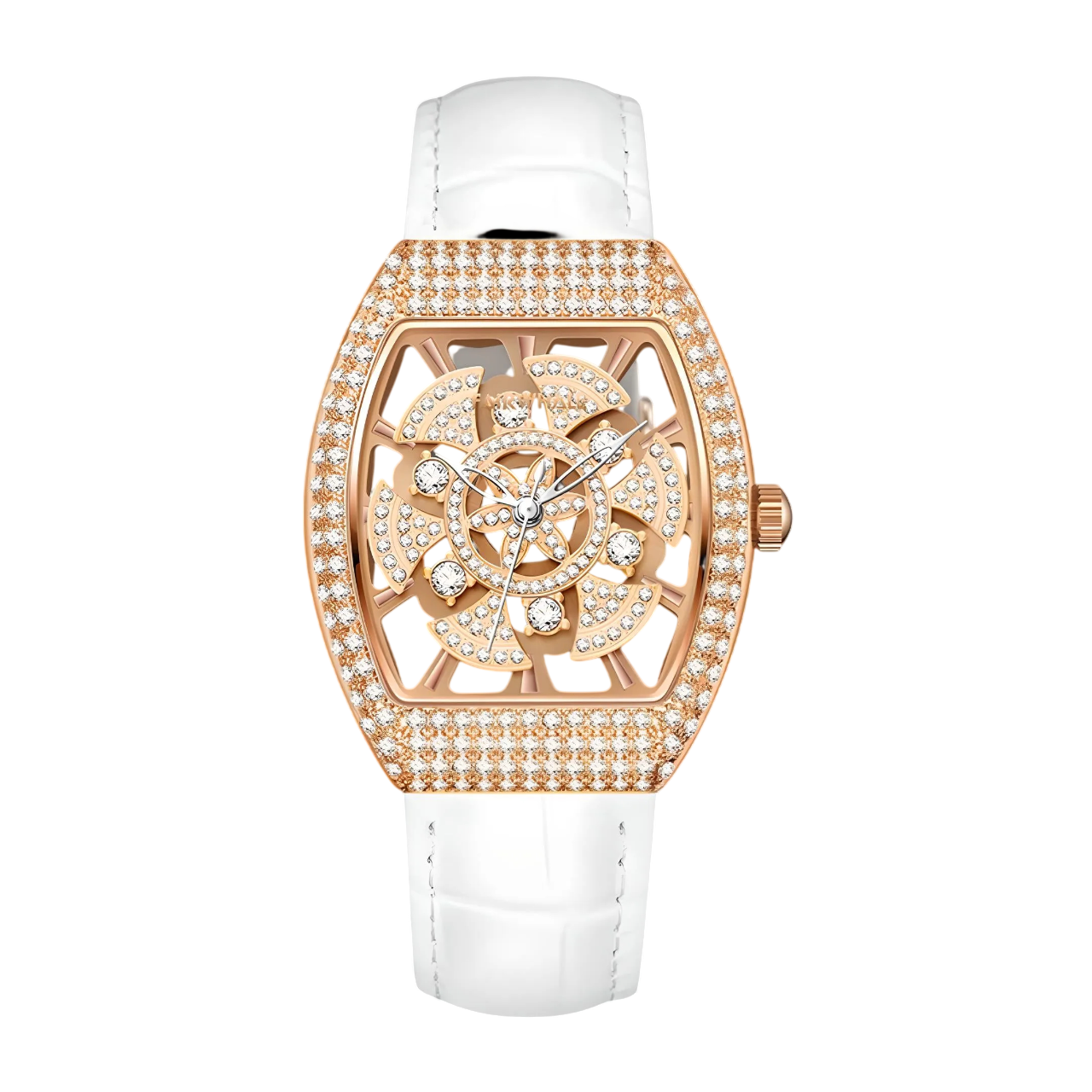 Luxury watch with rose gold case and white strap on a white background