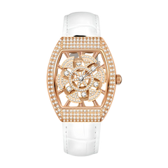 Luxury watch with rose gold case and white strap on a white background