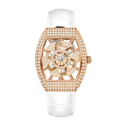 Luxury watch with rose gold case and white strap on a white background