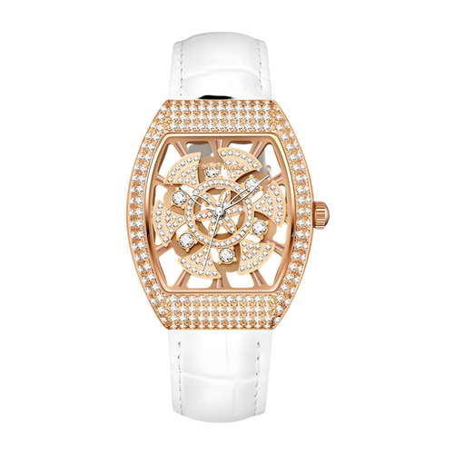 Luxury watch with rose gold case and white strap on a white background