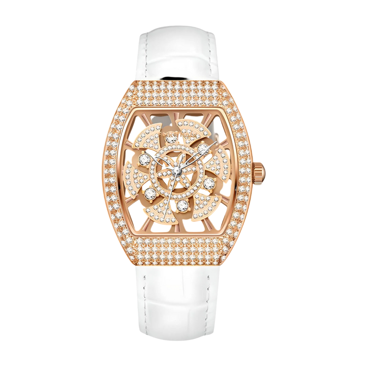 Luxury watch with rose gold case and white strap on a white background