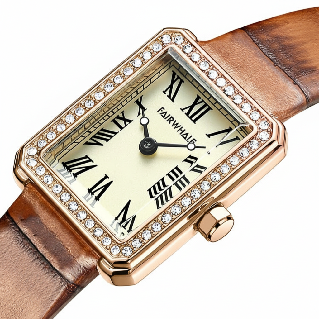 Luxury watch with rose gold case, brown leather strap, and Roman numeral dial on a white background