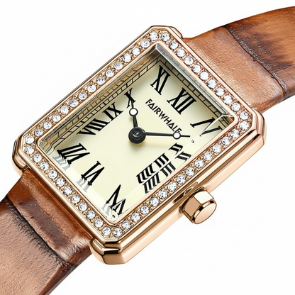 Luxury watch with rose gold case, brown leather strap, and Roman numeral dial on a white background