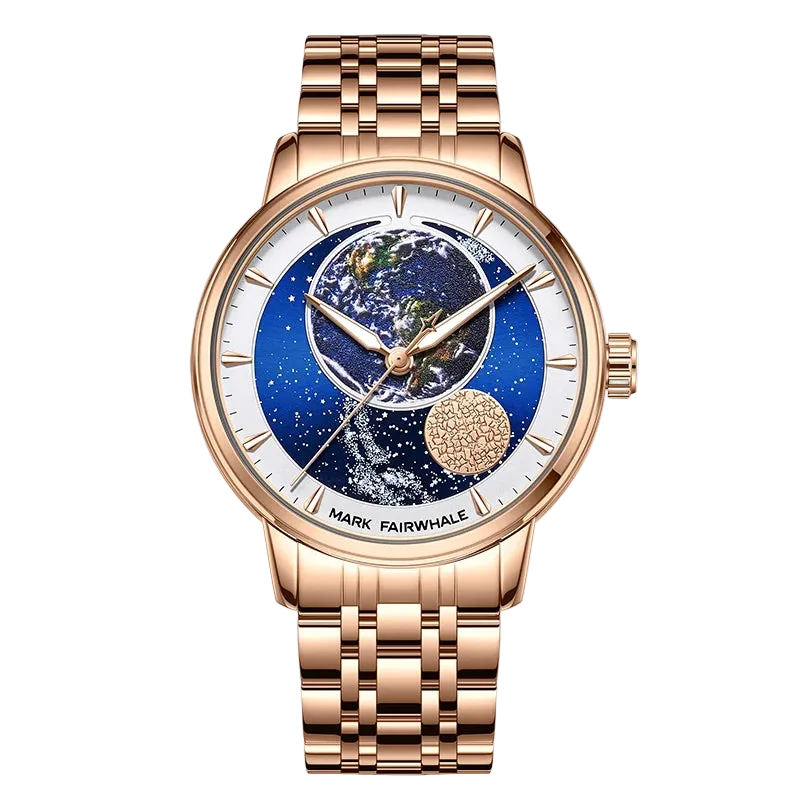 Luxury watch with rose gold strap and detailed face on a white background
