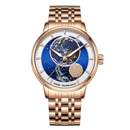 Luxury watch with rose gold strap and detailed face on a white background