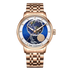 Luxury watch with rose gold strap and detailed face on a white background