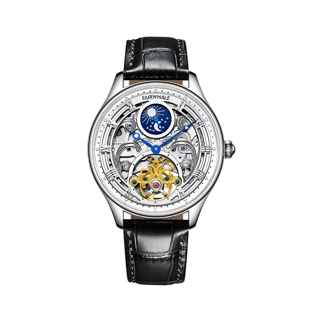 Luxury watch with visible mechanical components on a white background