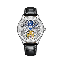 Luxury watch with visible mechanical components on a white background